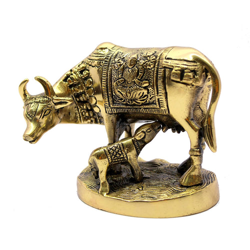 StonKraft Beautiful Lucky Figurine - Nandi Kamdhenu Cow and Calf Brass Sculpture Statue