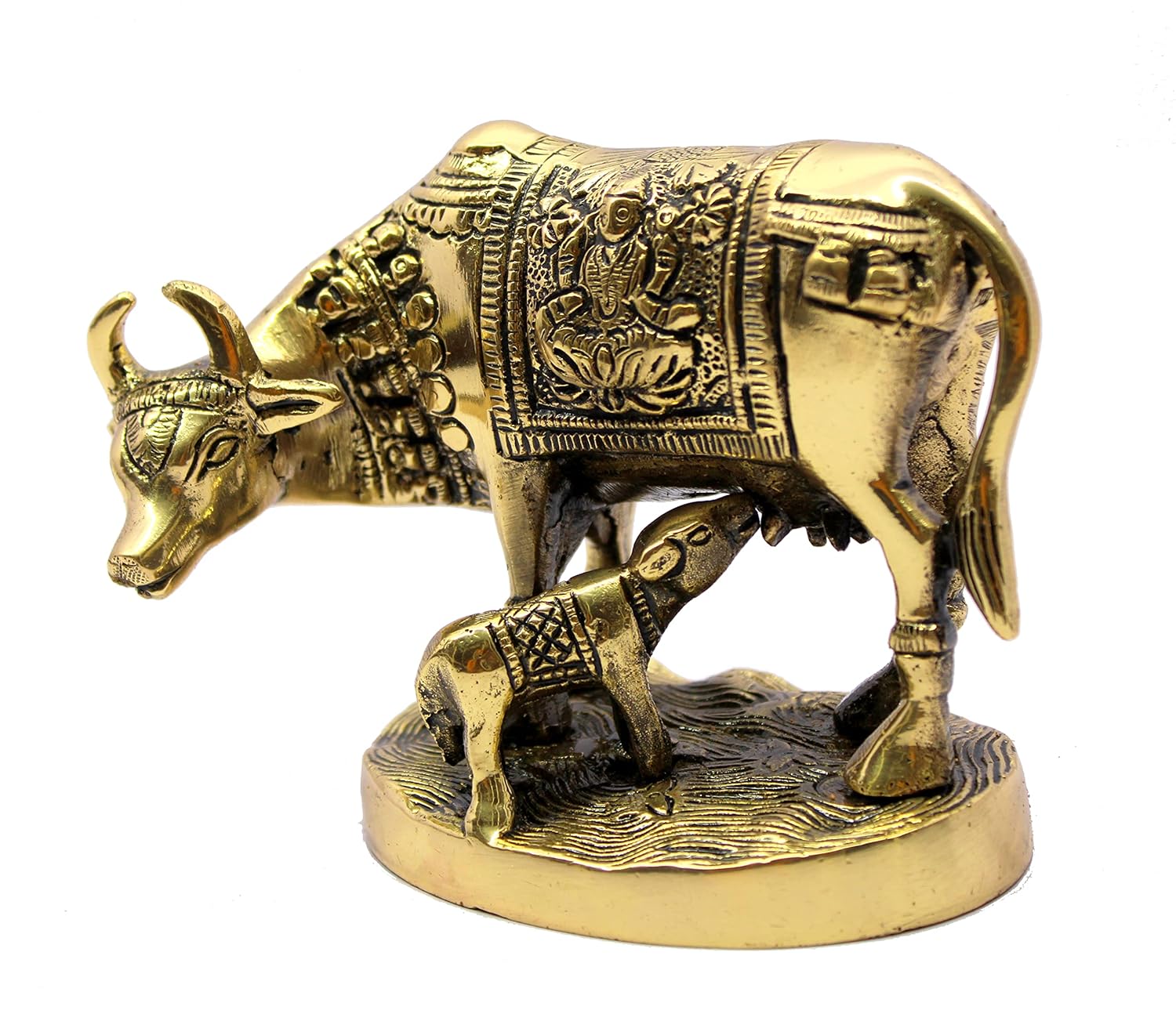 StonKraft Beautiful Lucky Figurine - Nandi Kamdhenu Cow and Calf Brass Sculpture Statue