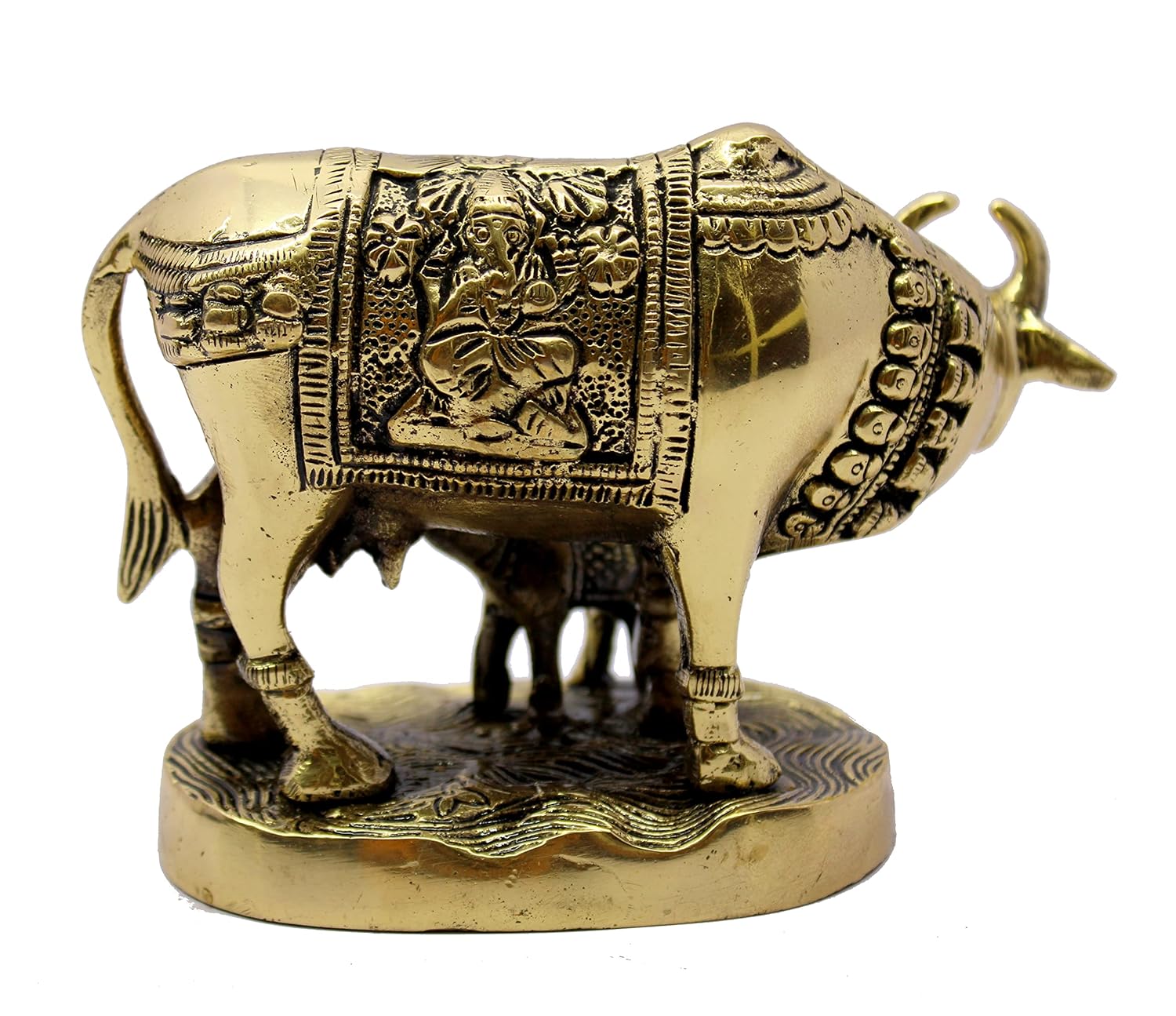 StonKraft Beautiful Lucky Figurine - Nandi Kamdhenu Cow and Calf Brass Sculpture Statue