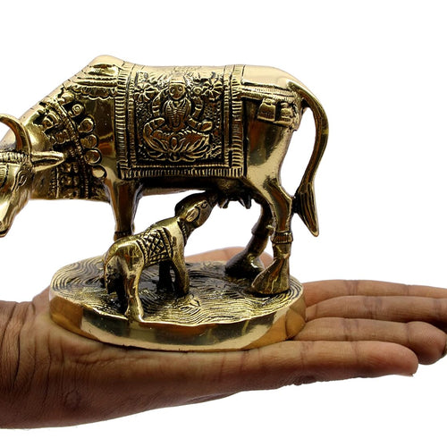 StonKraft Beautiful Lucky Figurine - Nandi Kamdhenu Cow and Calf Brass Sculpture Statue