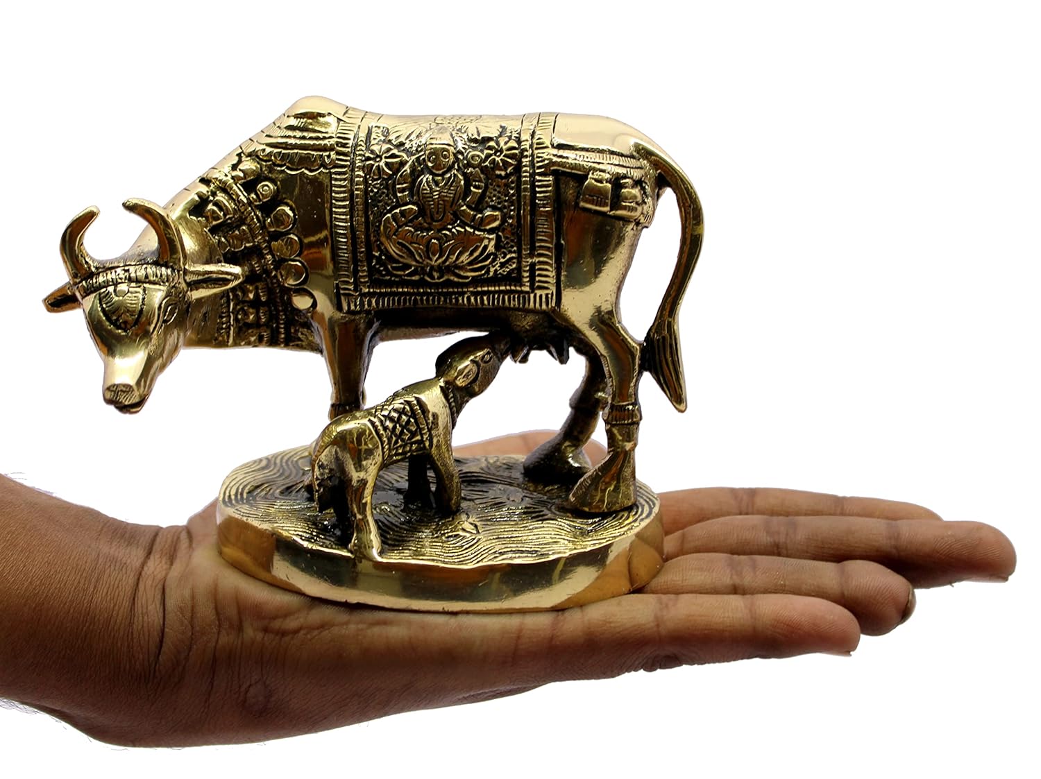 StonKraft Beautiful Lucky Figurine - Nandi Kamdhenu Cow and Calf Brass Sculpture Statue