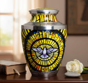 eSplanade Metal Cremation Urn Memorial Jar Pot Container | Full Size Urn for Funeral Ashes Burial | White Pigeon Print | Yellow-Multi - 10" Inches