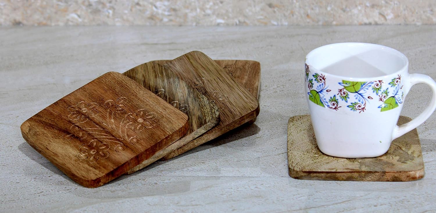 StonKraft Square Wooden Coasters for Tea & Coffee – Handmade Set of 6 | Handicraft Tabletop Decorative Coasters for Office, Home, Bar