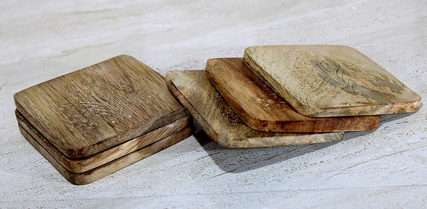 StonKraft Square Wooden Coasters for Tea & Coffee – Handmade Set of 6 | Handicraft Tabletop Decorative Coasters for Office, Home, Bar