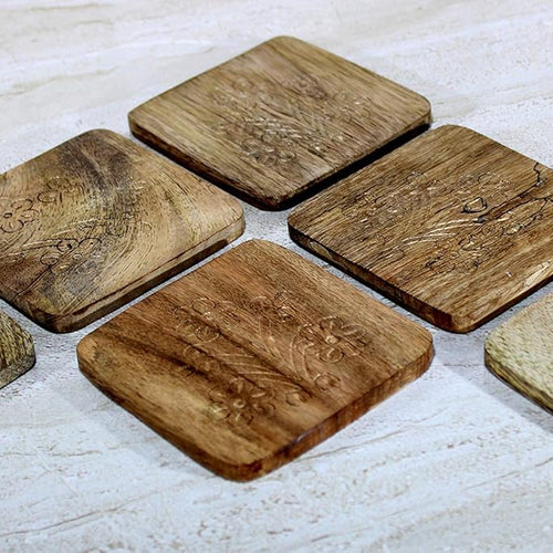 StonKraft Square Wooden Coasters for Tea & Coffee – Handmade Set of 6 | Handicraft Tabletop Decorative Coasters for Office, Home, Bar