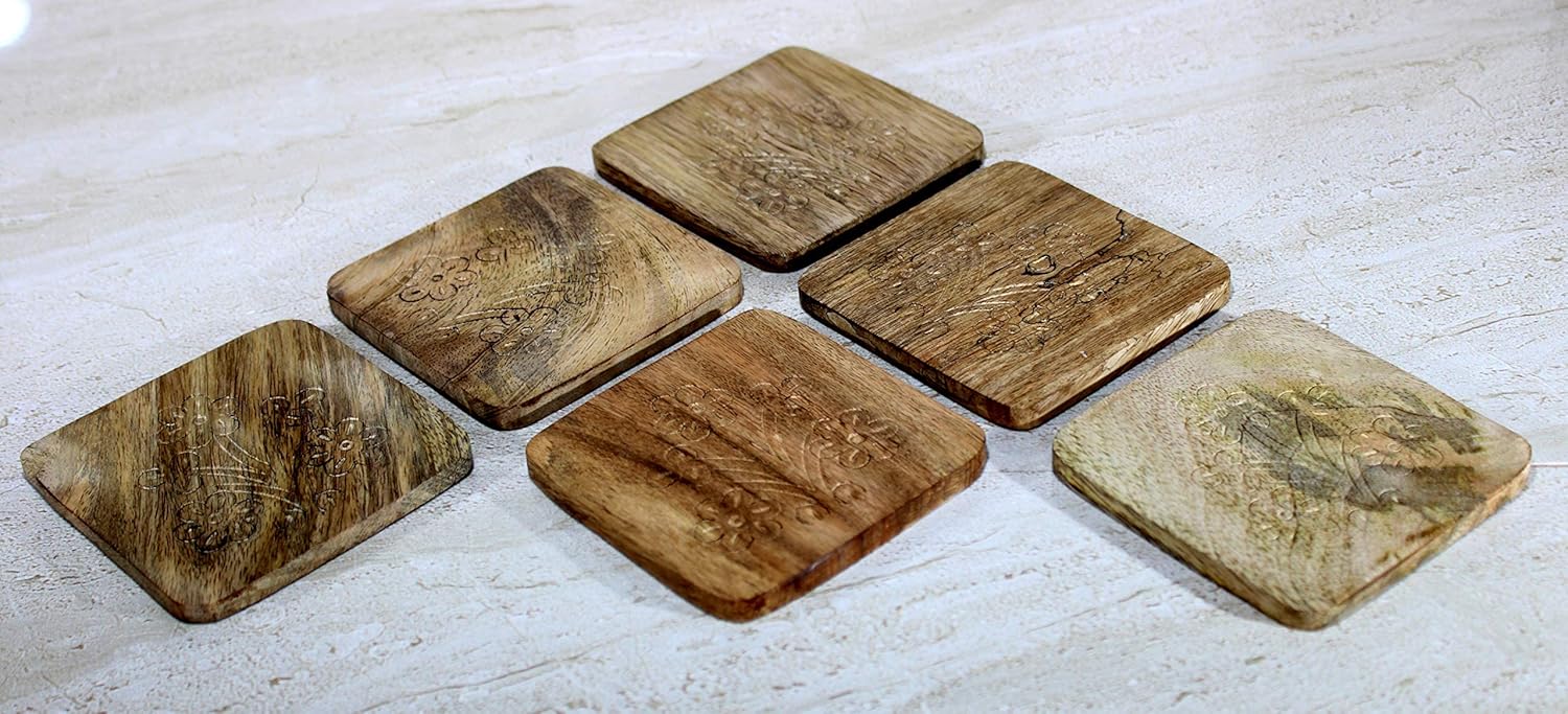 StonKraft Square Wooden Coasters for Tea & Coffee – Handmade Set of 6 | Handicraft Tabletop Decorative Coasters for Office, Home, Bar