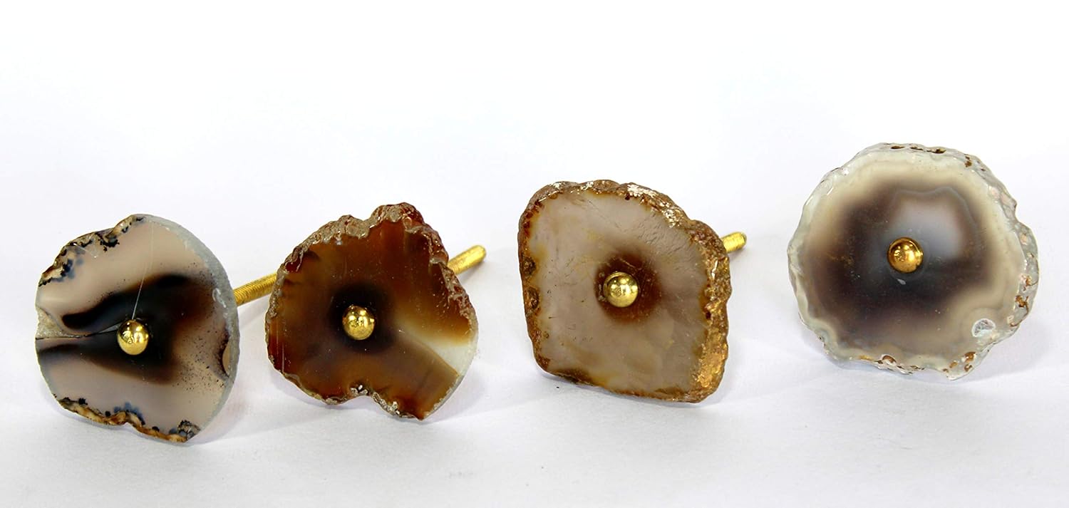 Esplanade Cupboard Drawer Pulls Agate Knobs – Set of 4 | Natural Stone Cabinet Handles for Kitchen, Wardrobe, Dresser & Furniture | Decorative Gold-Tone Hardware | Handcrafted Crystal Knobs