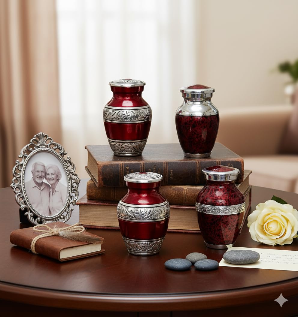 eSplanade- Cremation Mini urn Keepsake Memorial | Set of 4 Small urns for Ashes Funeral Burial Container jar Pot (Silver Carved)