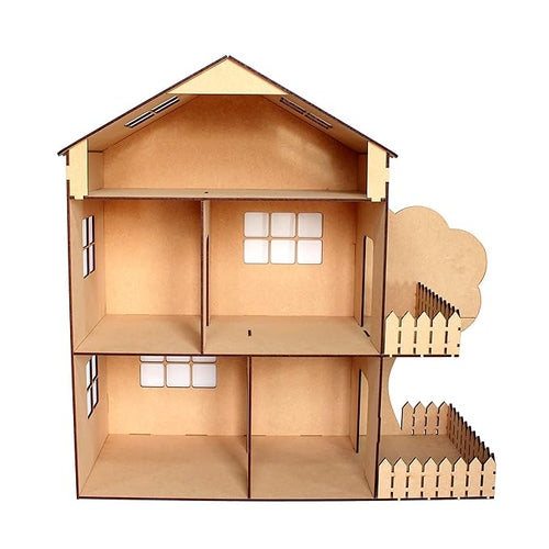StonKraft Wooden Dollhouse Doll Play House Big Size - Construction Toy, Modeling kit - Easy to Assemble (Dollhouse Plain) - Pine Wood, Beige (Pack of 1 Set)