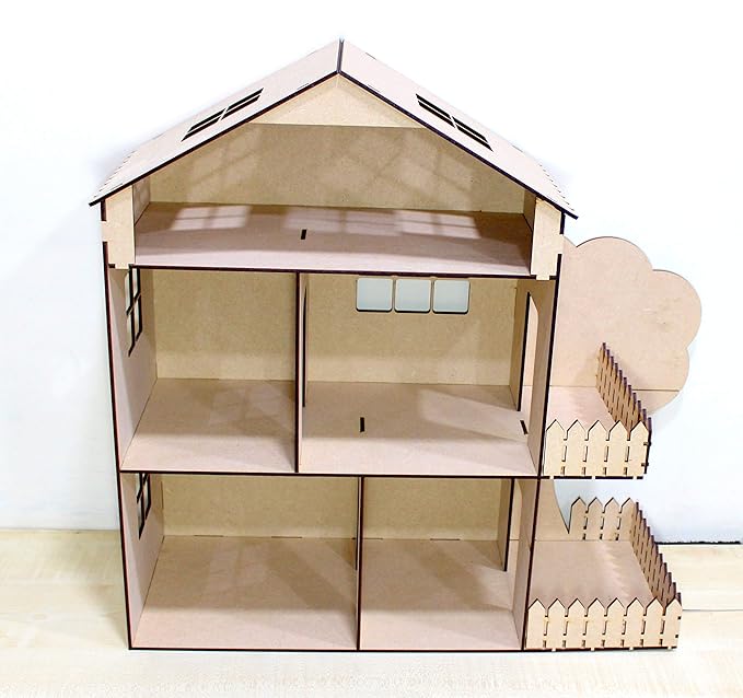 StonKraft Wooden Dollhouse Doll Play House Big Size - Construction Toy, Modeling kit - Easy to Assemble (Dollhouse Plain) - Pine Wood, Beige (Pack of 1 Set)