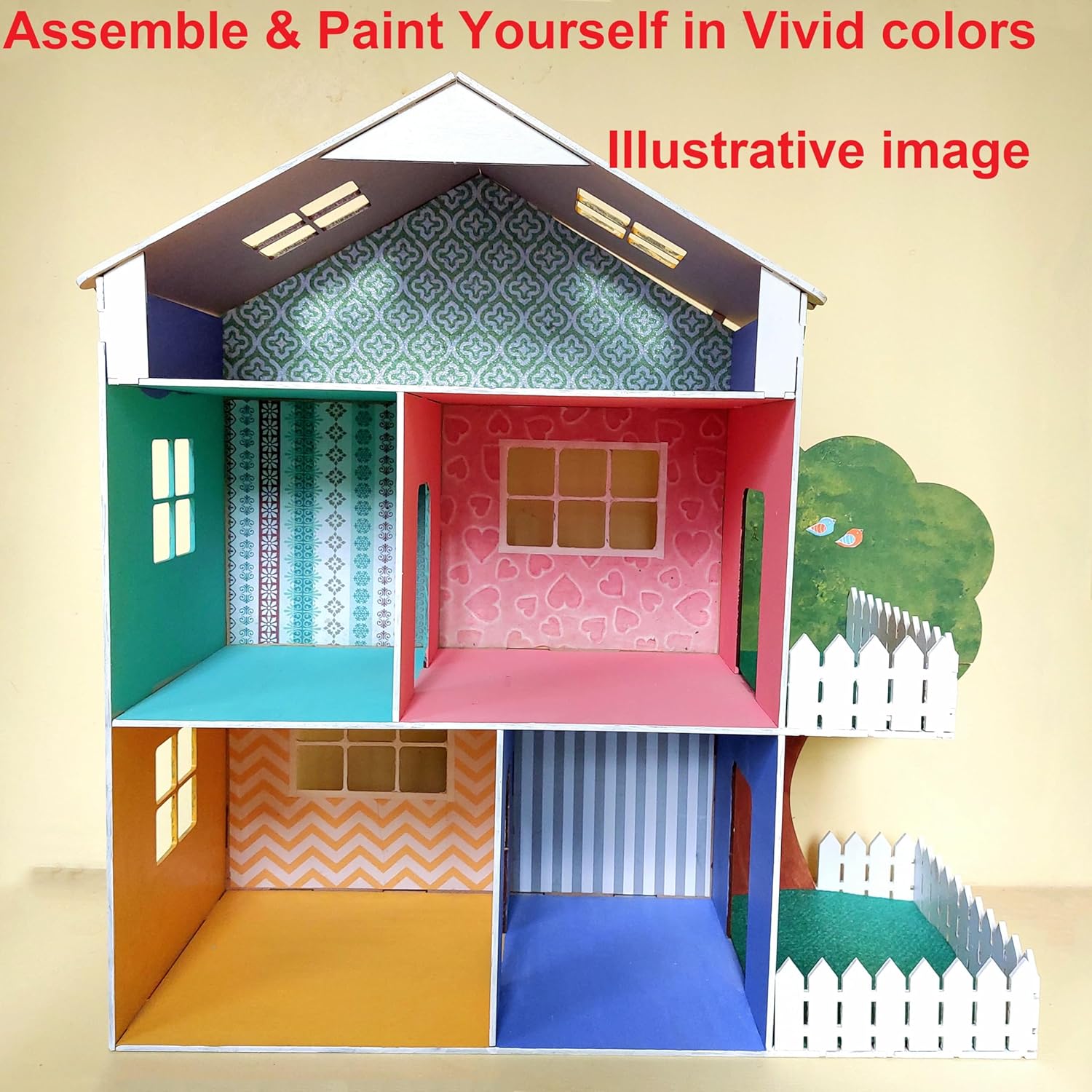 StonKraft Wooden Dollhouse Doll Play House Big Size - Construction Toy, Modeling kit - Easy to Assemble (Dollhouse Plain) - Pine Wood, Beige (Pack of 1 Set)