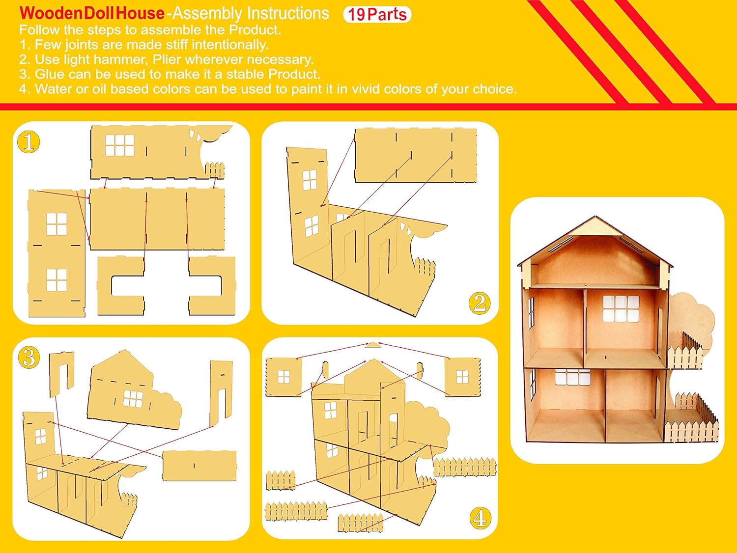 StonKraft Wooden Dollhouse Doll Play House Big Size - Construction Toy, Modeling kit - Easy to Assemble (Dollhouse Plain) - Pine Wood, Beige (Pack of 1 Set)