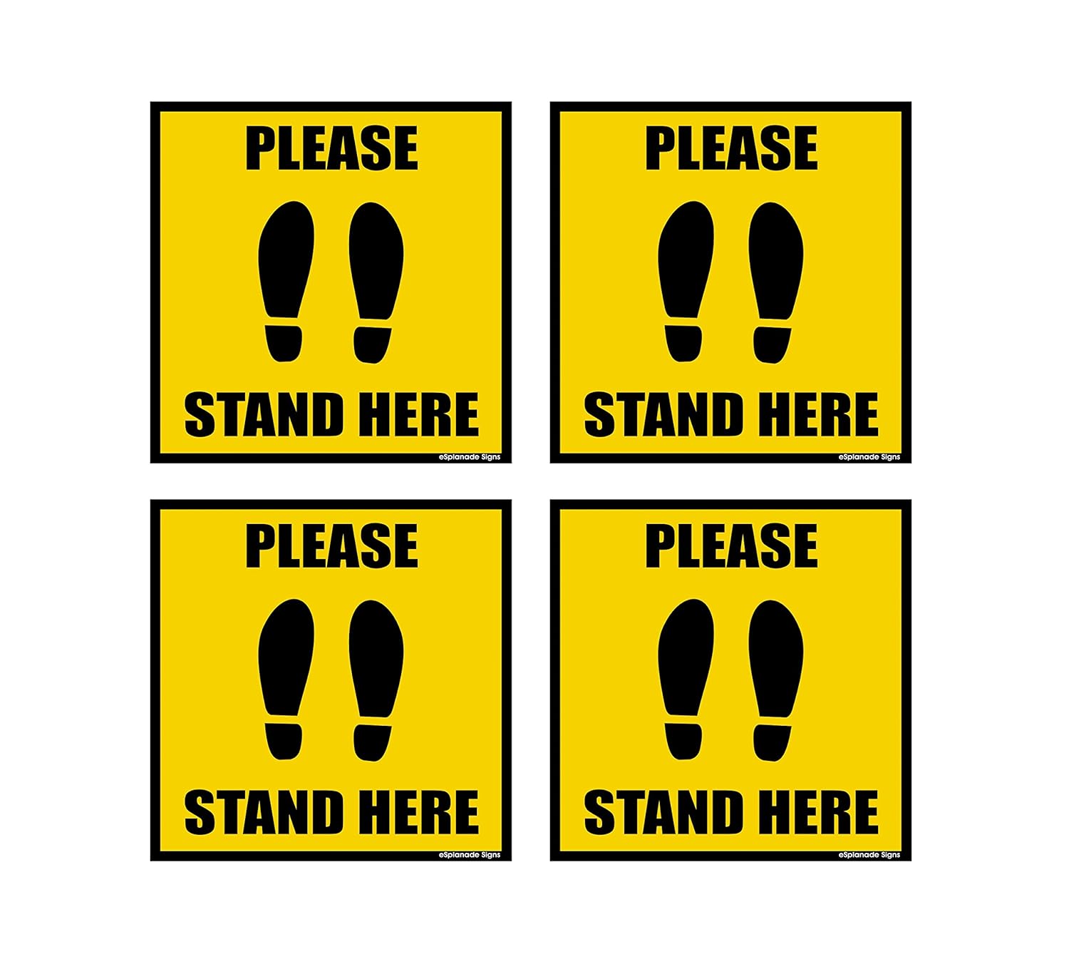 eSplanade Please Stand Here Sign Set of 4 Sticker Decal - Easy to apply Floor Sticker Weather Resistant Long Lasting Ink Size (10" x 10") | Maintain Distance Sign | Social Distancing Sticker