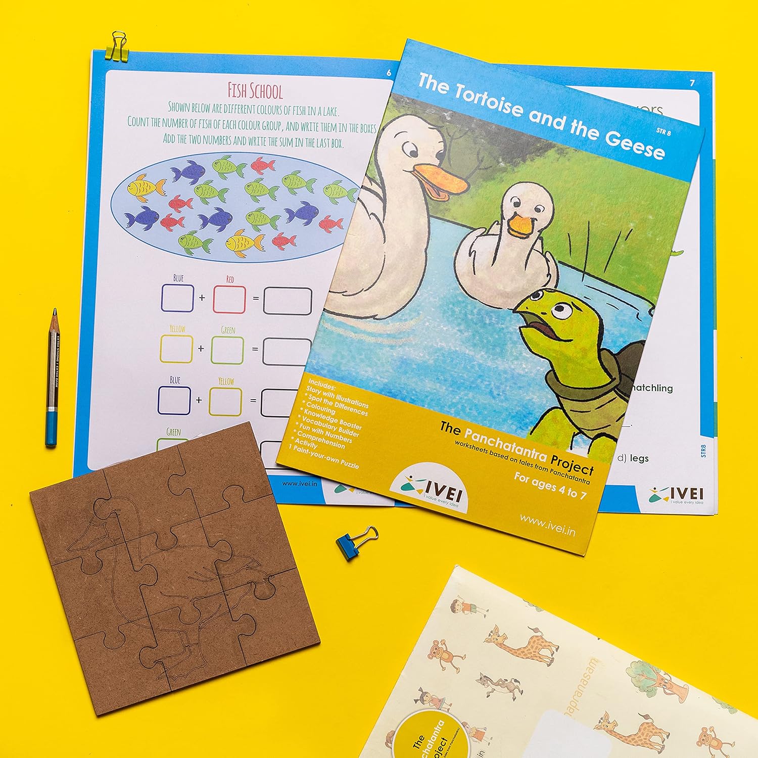IVEI Panchatantra Kids Learning Book - Workbook and DIY puzzle of Panchatantra Story - Colouring Activity Worksheets - Creative Fun Activity and Education For Kids - The Tortoise and the Geese ( Age 4 to 7 Years )