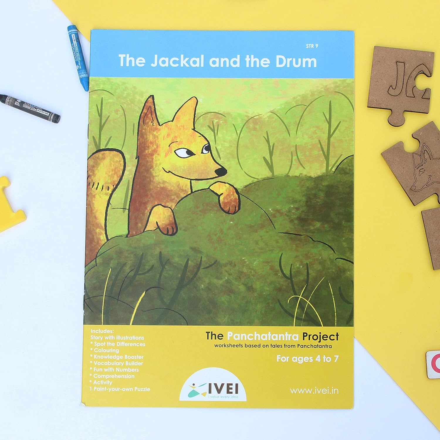 IVEI Panchatantra Kids Learning Book - Workbook and DIY puzzle of Panchatantra Story - Colouring Activity Worksheets - Creative Fun Activity and Education For Kids - The Jackal and the Drum ( Age 4 to 7 Years )