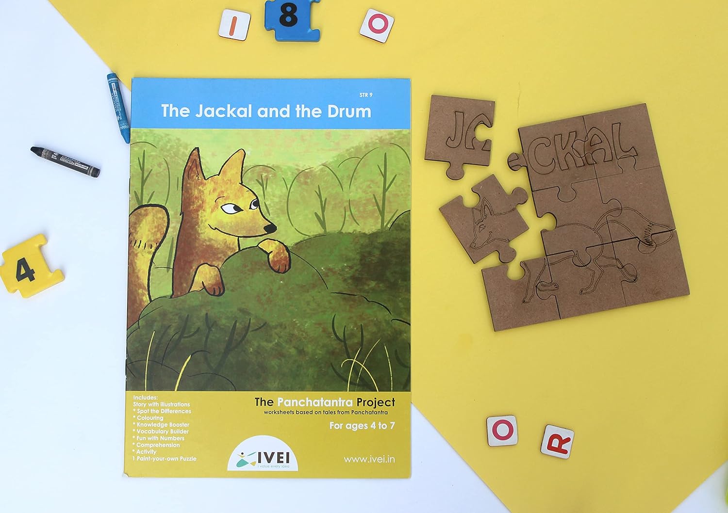 IVEI Panchatantra Kids Learning Book - Workbook and DIY puzzle of Panchatantra Story - Colouring Activity Worksheets - Creative Fun Activity and Education For Kids - The Jackal and the Drum ( Age 4 to 7 Years )