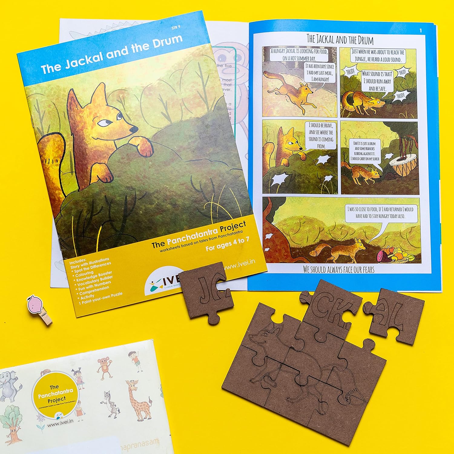IVEI Panchatantra Kids Learning Book - Workbook and DIY puzzle of Panchatantra Story - Colouring Activity Worksheets - Creative Fun Activity and Education For Kids - The Jackal and the Drum ( Age 4 to 7 Years )