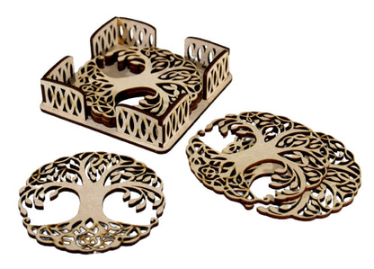 eSplanade Wooden Coasters for DIY Activities / Craft / Decoupage / Painting / Resin Work - 6 Coasters with Holder (Tree of Life design)