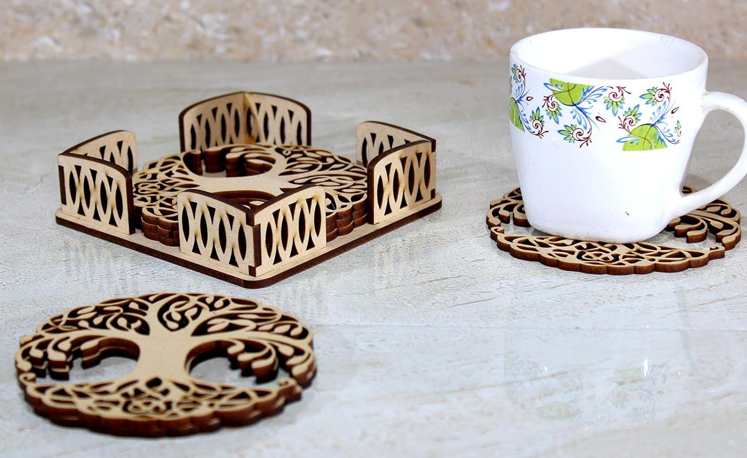 eSplanade Wooden Coasters for DIY Activities / Craft / Decoupage / Painting / Resin Work - 6 Coasters with Holder (Tree of Life design)