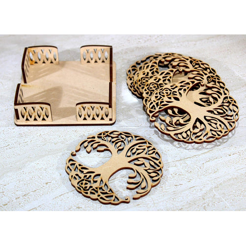 eSplanade Wooden Coasters for DIY Activities / Craft / Decoupage / Painting / Resin Work - 6 Coasters with Holder (Tree of Life design)
