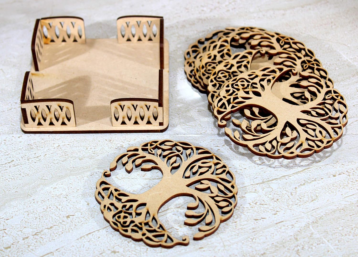 eSplanade Wooden Coasters for DIY Activities / Craft / Decoupage / Painting / Resin Work - 6 Coasters with Holder (Tree of Life design)