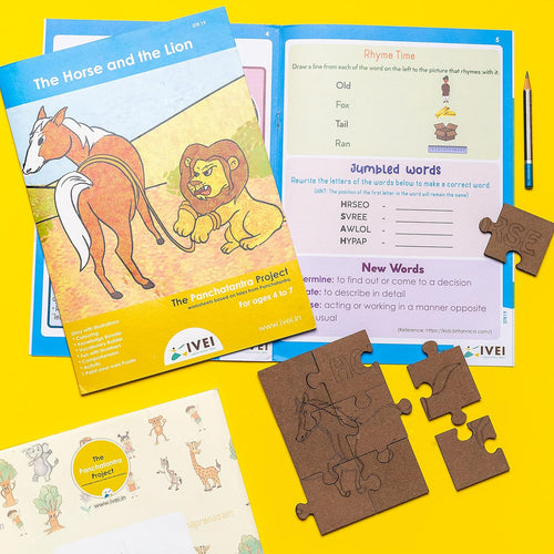 IVEI Panchatantra Kids Learning Book - Workbook and DIY Puzzle of Panchatantra Story - Colouring Activity Worksheets - Creative Fun Activity and Education For Kids - The Horse and the Lion ( Age 4 to 7 Years )