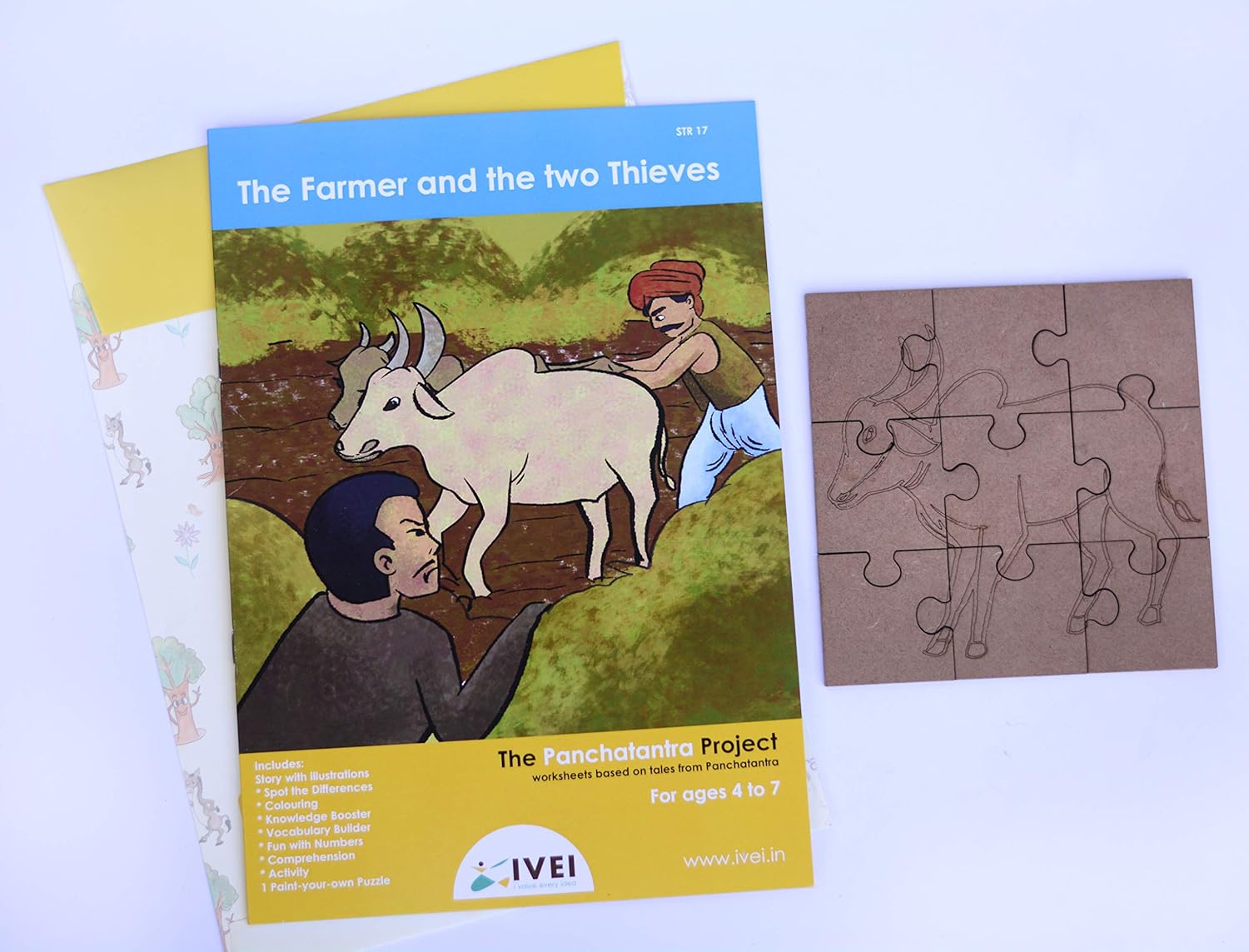 IVEI Panchatantra Kids Learning Book - Workbook and DIY Puzzle of Panchatantra Story - Colouring Activity Worksheets - Creative Fun Activity and Education For Kids - The Farmer and the Two Thieves ( Age 4 to 7 Years )