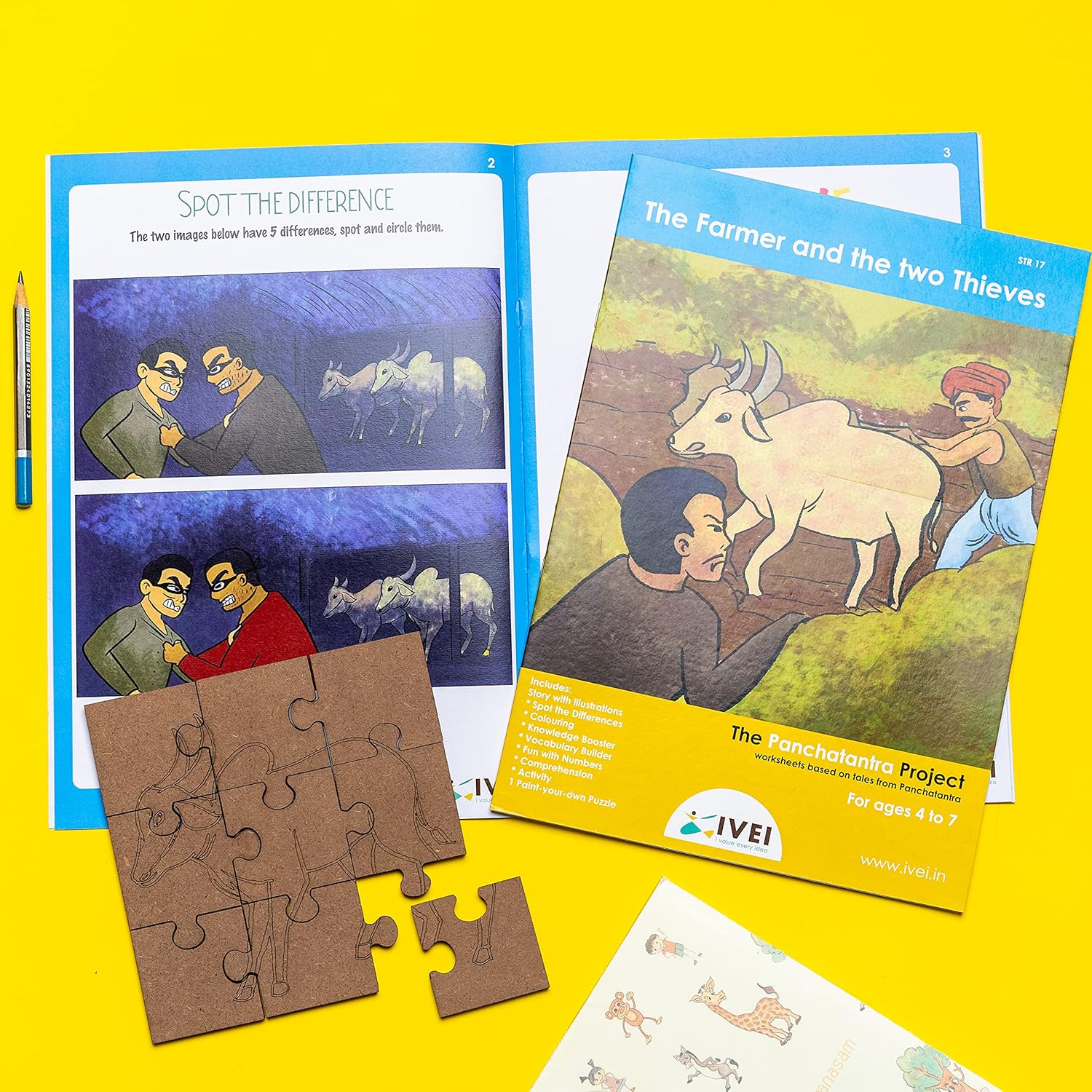 IVEI Panchatantra Kids Learning Book - Workbook and DIY Puzzle of Panchatantra Story - Colouring Activity Worksheets - Creative Fun Activity and Education For Kids - The Farmer and the Two Thieves ( Age 4 to 7 Years )