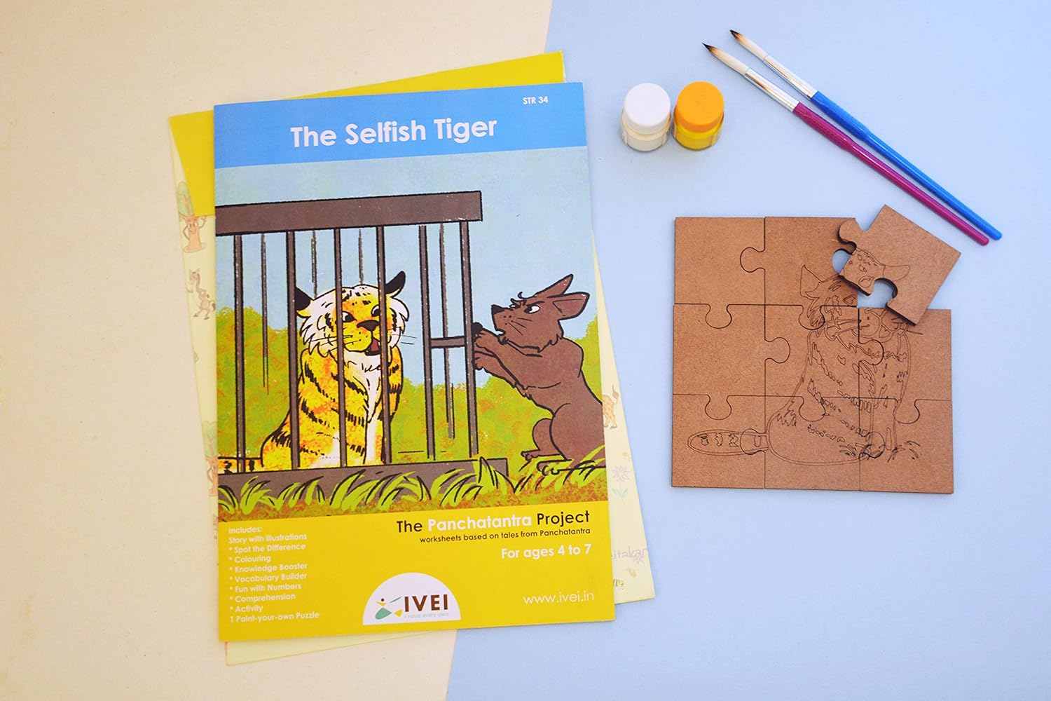 IVEI Panchatantra Story Kids Learning Book - Workbook and DIY Puzzle - Colouring Activity Worksheets - Creative Fun Activity and Education for Kids - The Selfish Tiger (Age 4 to 7 Years)