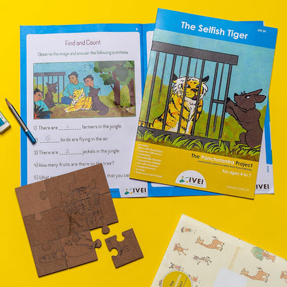 IVEI Panchatantra Story Kids Learning Book - Workbook and DIY Puzzle - Colouring Activity Worksheets - Creative Fun Activity and Education for Kids - The Selfish Tiger (Age 4 to 7 Years)