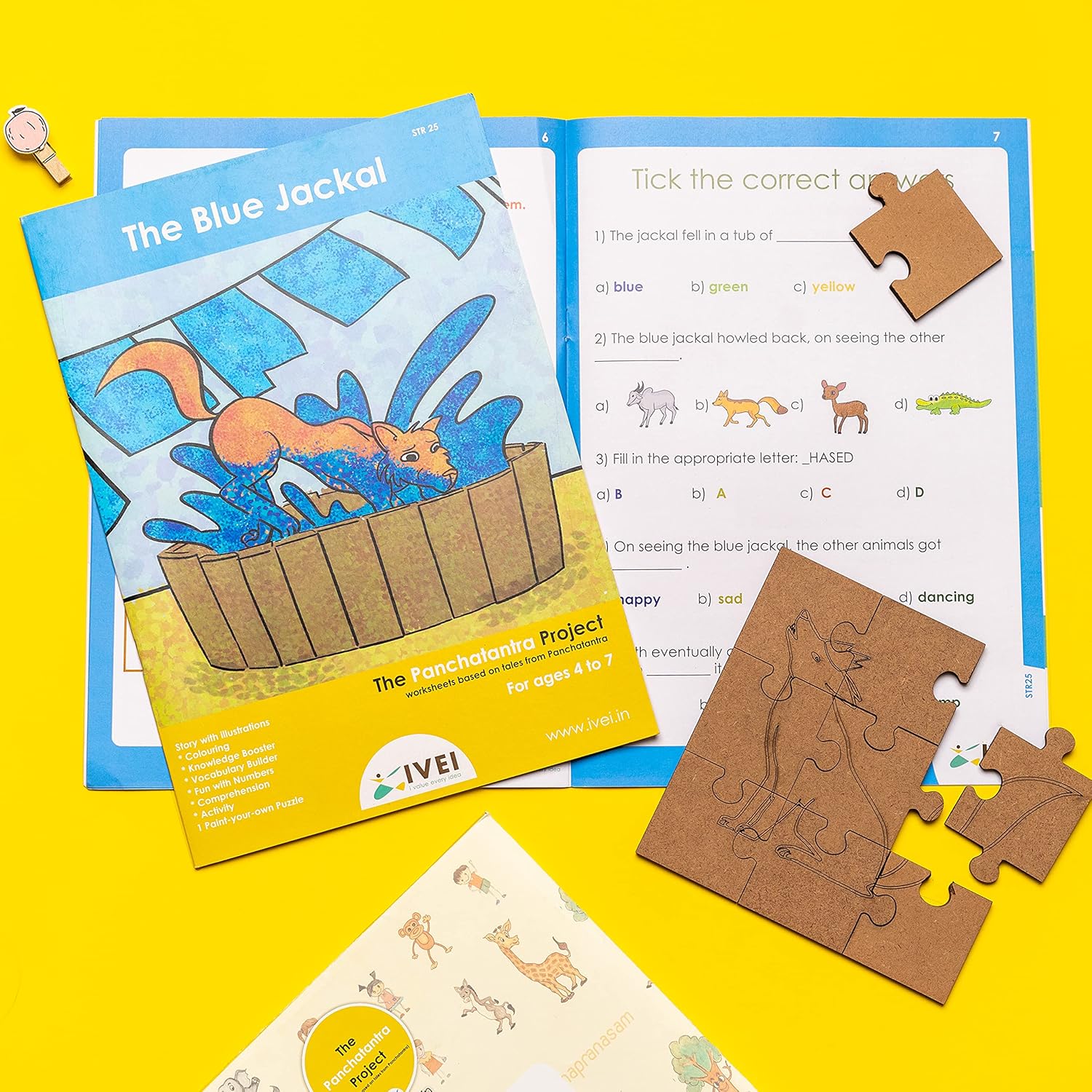 IVEI Panchatantra Kids Learning Book - Workbook and DIY puzzle of Panchatantra Story - Colouring Activity Worksheets - Creative Fun Activity and Education For Kids - The Blue Jackal - Age 4 to 7 Years