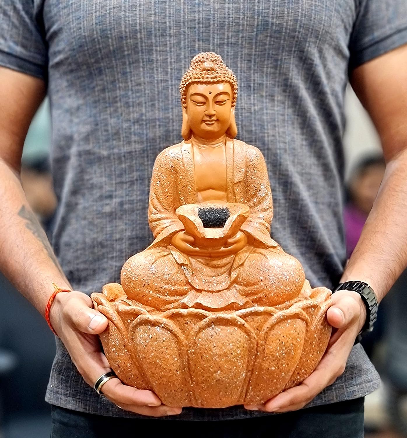 eSplanade Resin Buddha Table Top Indoor Outdoor Water Fall Fountain - 13 inches | Home Decor (Brown)