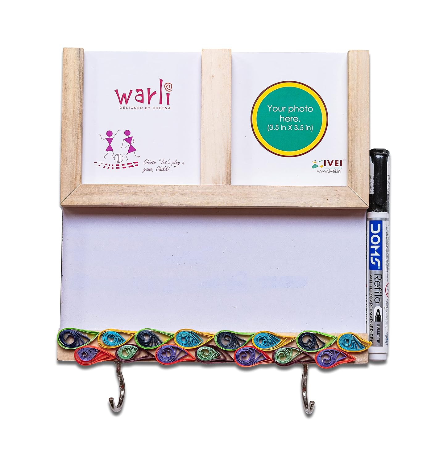 IVEI Utility Fridge Magnet with White Board, Mini Warli Calendar and Photo Frame, Paper Quilling on Wooden Frame - Daily Planner Magnet for Fridge with White Board - Best Gift for Home & Kitchen