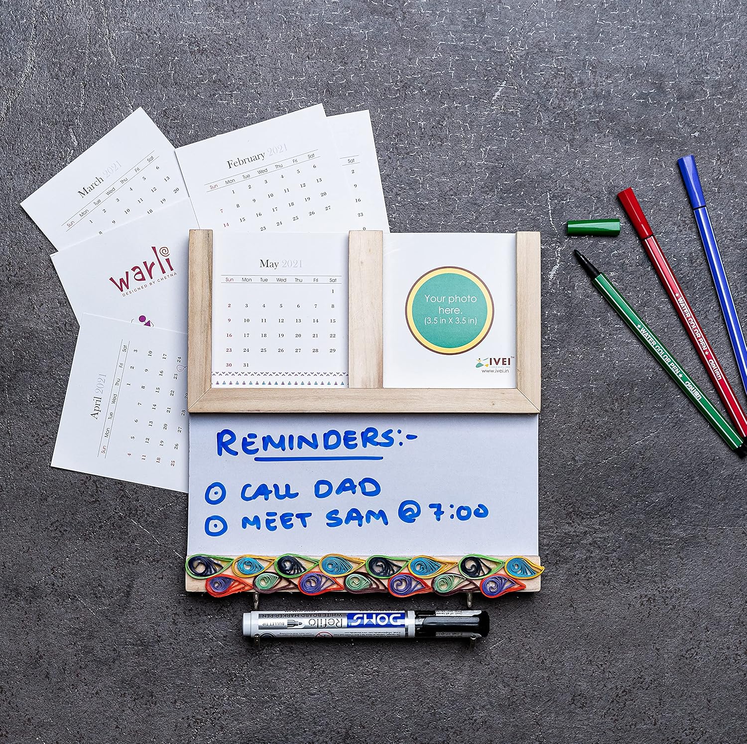 IVEI Utility Fridge Magnet with White Board, Mini Warli Calendar and Photo Frame, Paper Quilling on Wooden Frame - Daily Planner Magnet for Fridge with White Board - Best Gift for Home & Kitchen