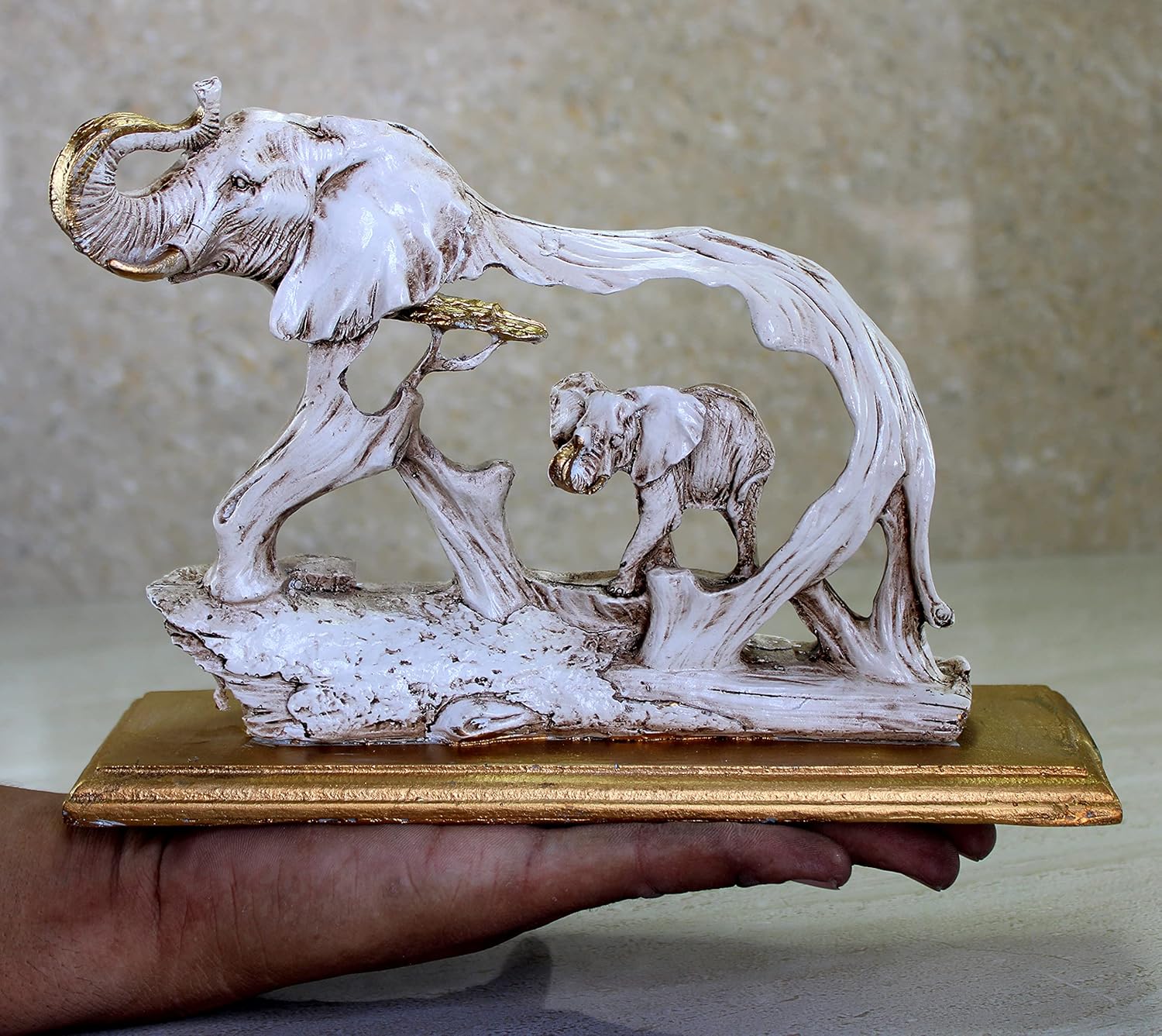 ESPLANADE Resin Elephant with Calf Sculpture Showpiece Figurine | Decorative Items - Home Decor | Off White - 10" Inches