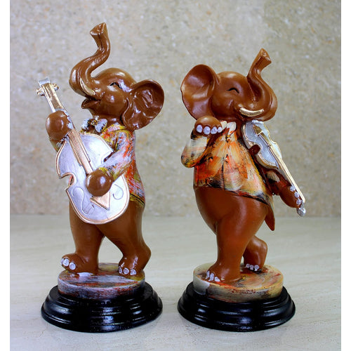 ESPLANADE Resin Musical Elephants - Set of 2 - Statue Sculpture Figurines - Home Decor - Brown Multi - 11