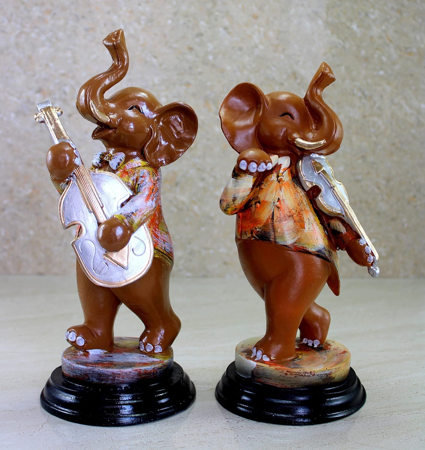 ESPLANADE Resin Musical Elephants - Set of 2 - Statue Sculpture Figurines - Home Decor - Brown Multi - 11" Inches