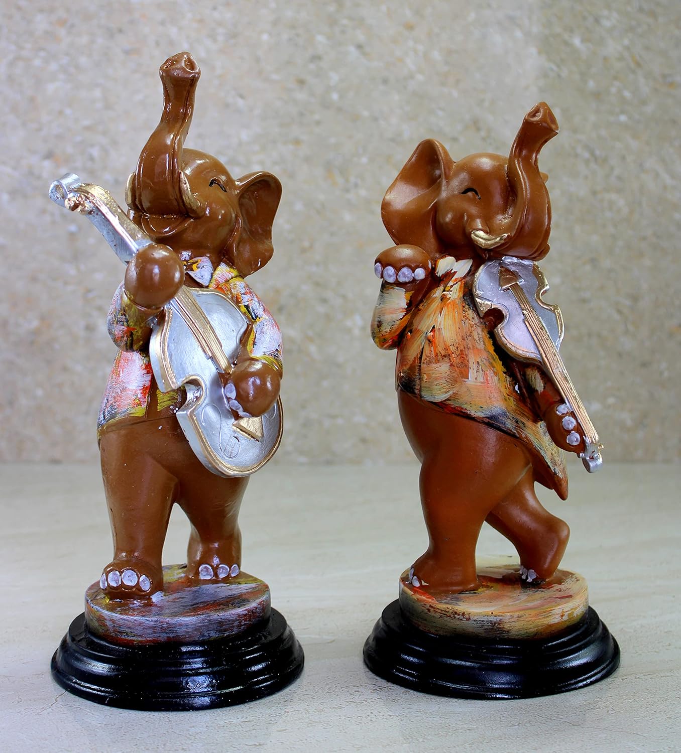 ESPLANADE Resin Musical Elephants - Set of 2 - Statue Sculpture Figurines - Home Decor - Brown Multi - 11" Inches