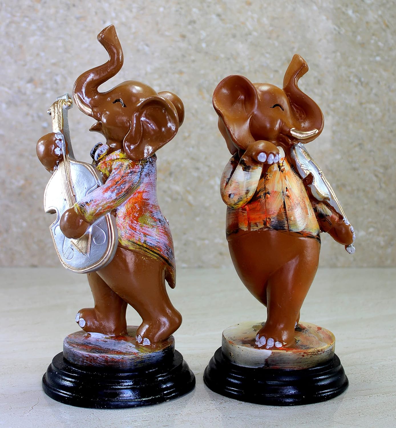 ESPLANADE Resin Musical Elephants - Set of 2 - Statue Sculpture Figurines - Home Decor - Brown Multi - 11" Inches