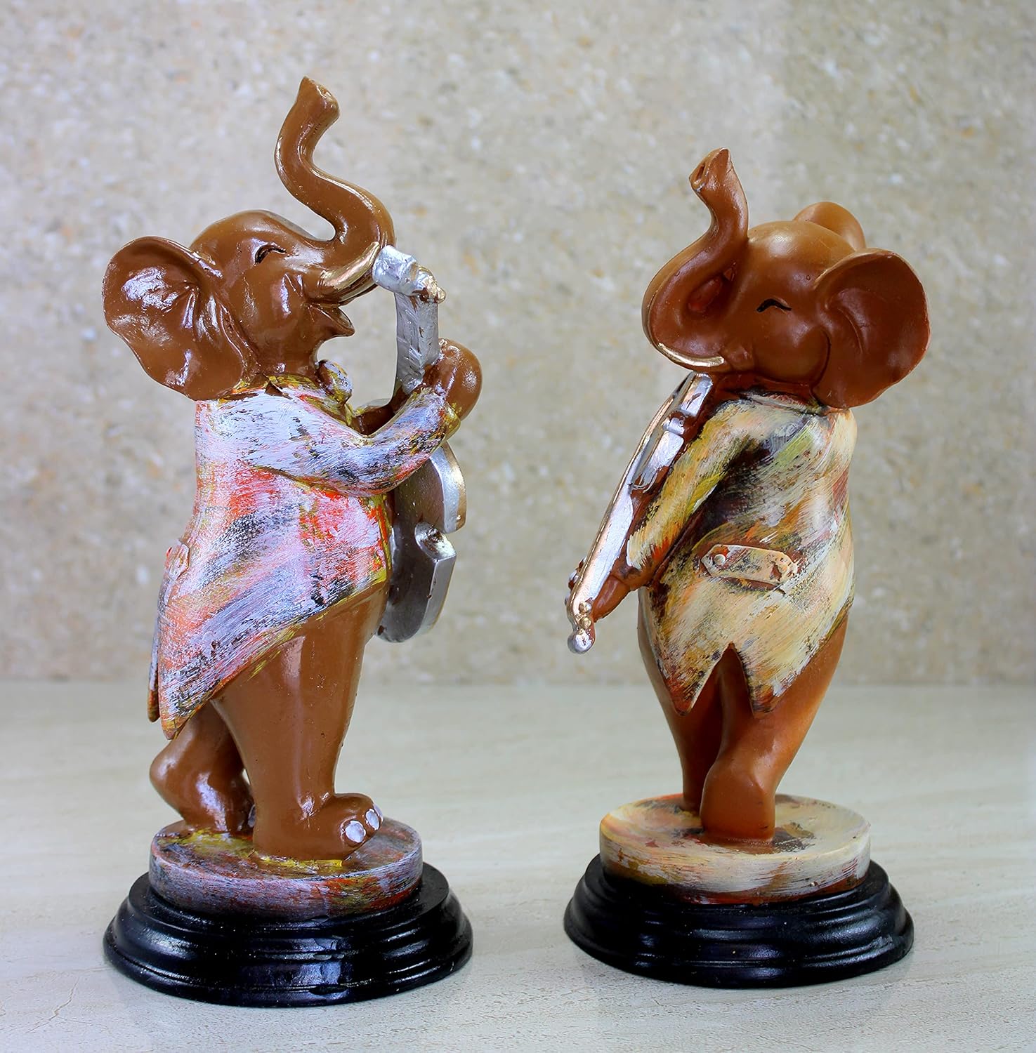ESPLANADE Resin Musical Elephants - Set of 2 - Statue Sculpture Figurines - Home Decor - Brown Multi - 11" Inches