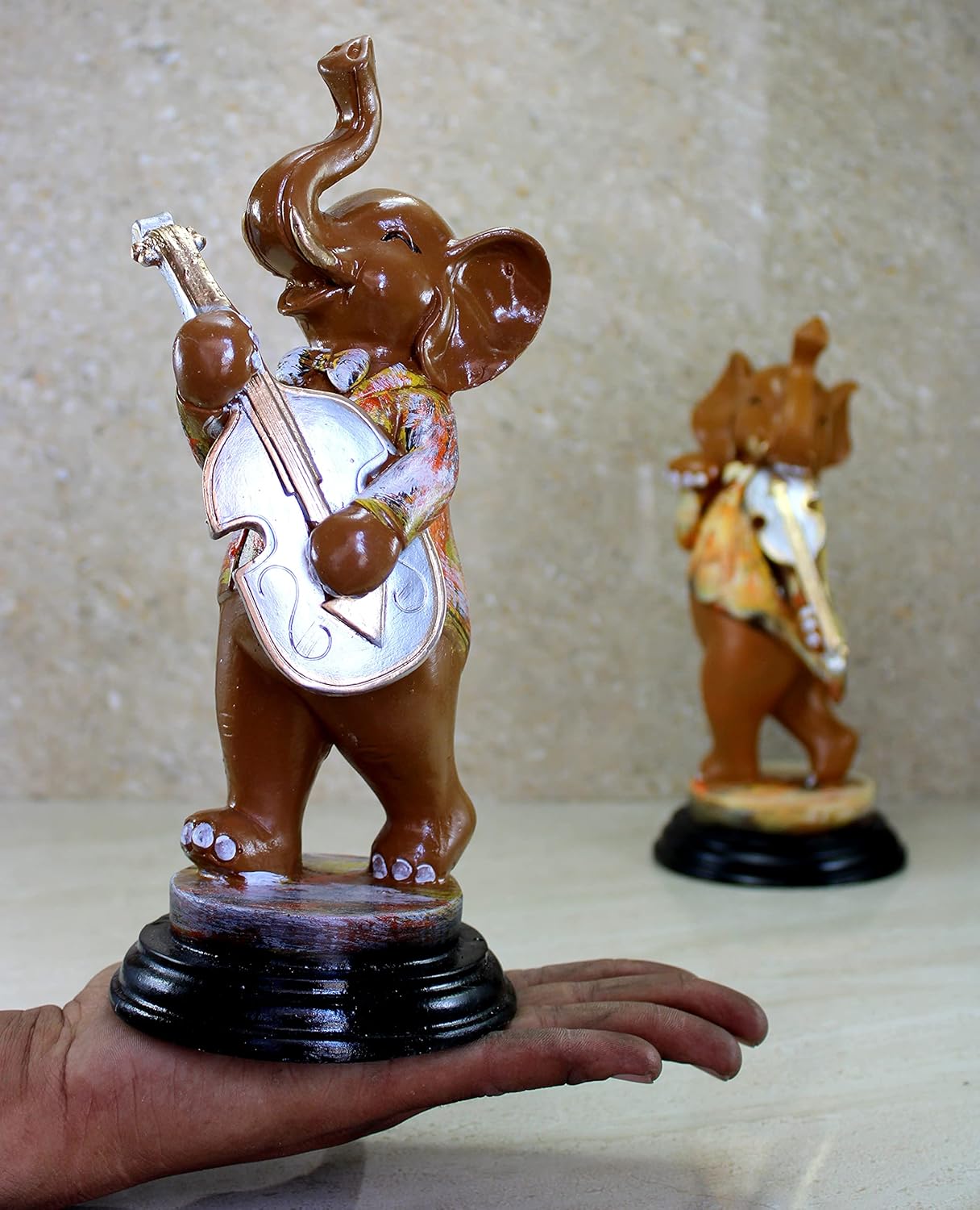 ESPLANADE Resin Musical Elephants - Set of 2 - Statue Sculpture Figurines - Home Decor - Brown Multi - 11" Inches