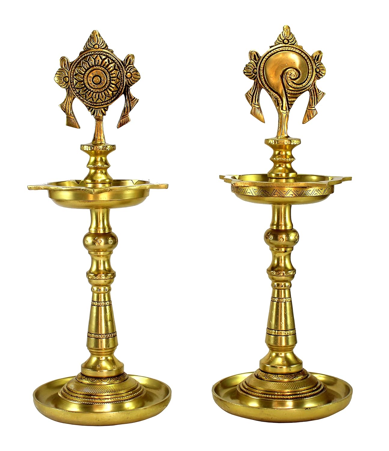 ESPLANADE Brass Oil Lamps - 13" inches | Shankh Chakra Narayan Oil Lamp Diya Deepam Brass Lamps Kuthu Vilakku