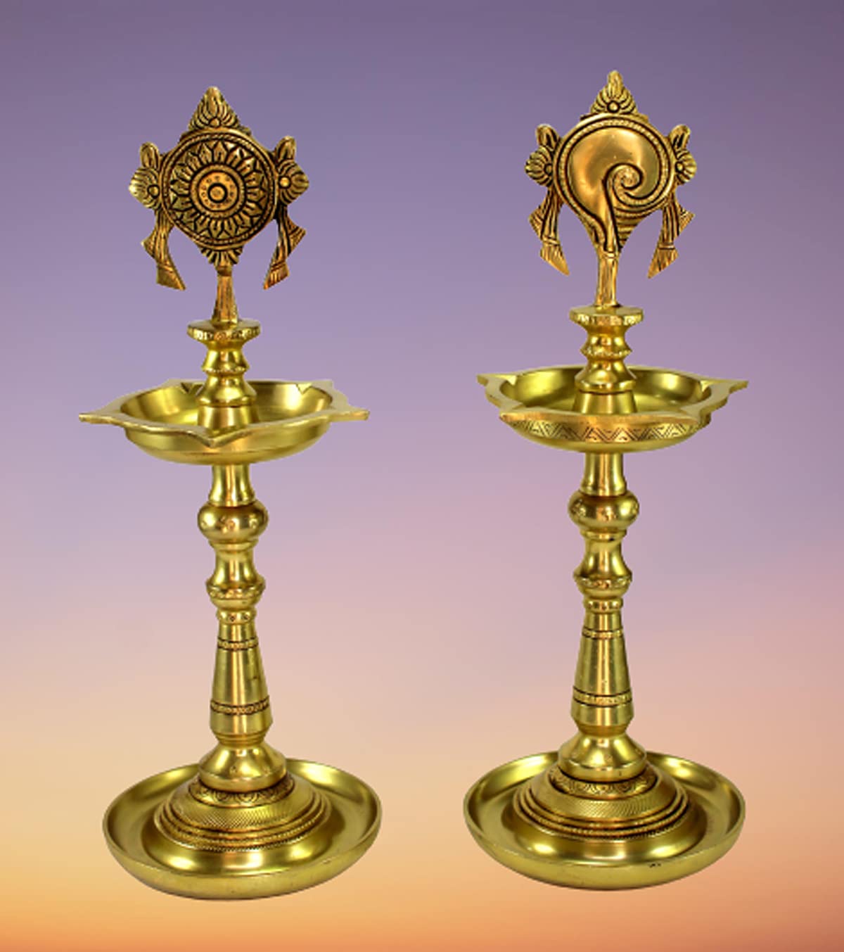 ESPLANADE Brass Oil Lamps - 13" inches | Shankh Chakra Narayan Oil Lamp Diya Deepam Brass Lamps Kuthu Vilakku