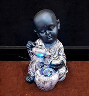 eSplanade Resin Monk Fountain Table Top Indoor Outdoor Water Fall Fountain | Home Decor - 14" Inches Black