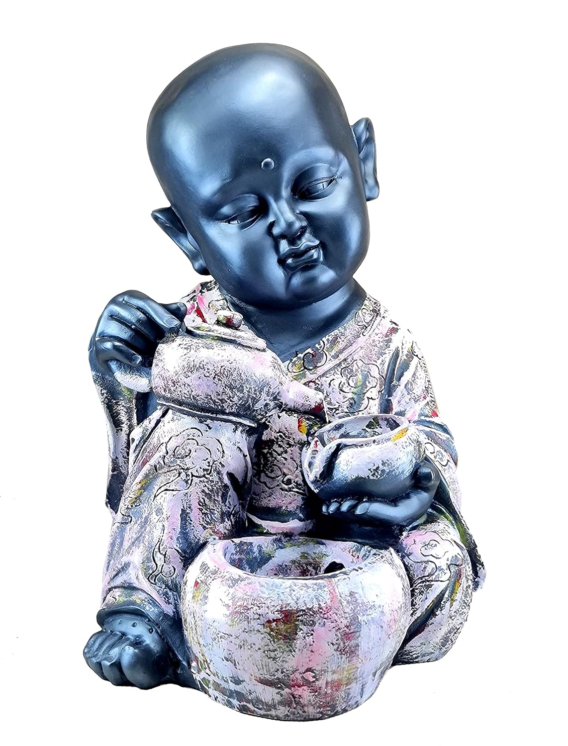 eSplanade Resin Monk Fountain Table Top Indoor Outdoor Water Fall Fountain | Home Decor - 14" Inches Black