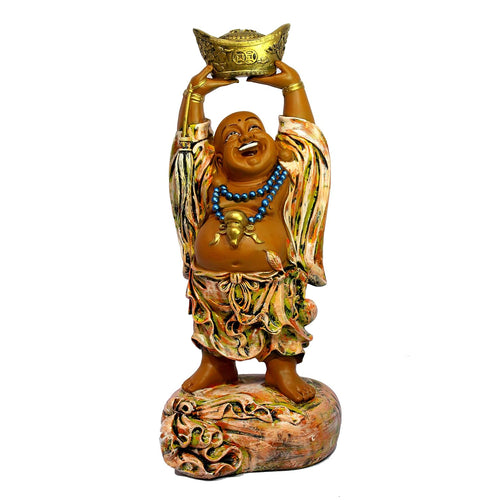 ESPLANADE Resin Laughing Buddha Money Kuber Statue Figurine Showpiece Decorative Items - Brown Multi - 24.5