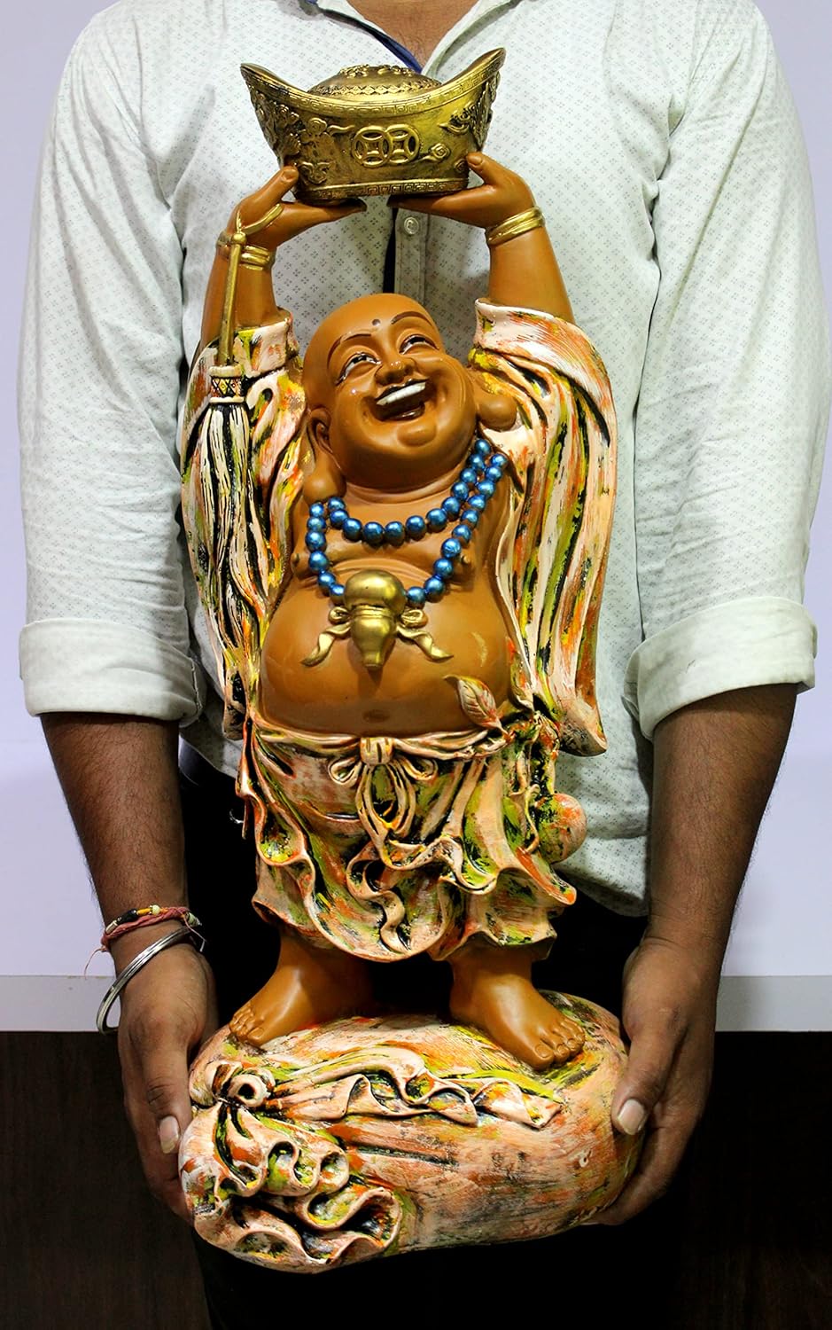 ESPLANADE Resin Laughing Buddha Money Kuber Statue Figurine Showpiece Decorative Items - Brown Multi - 24.5" Inches (Big Size)