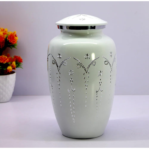 ESPLANADE Cremation Urn Memorial Human Ashes Container Jar Pot | Burial Funeral Urns | White Engraved-10 Inches