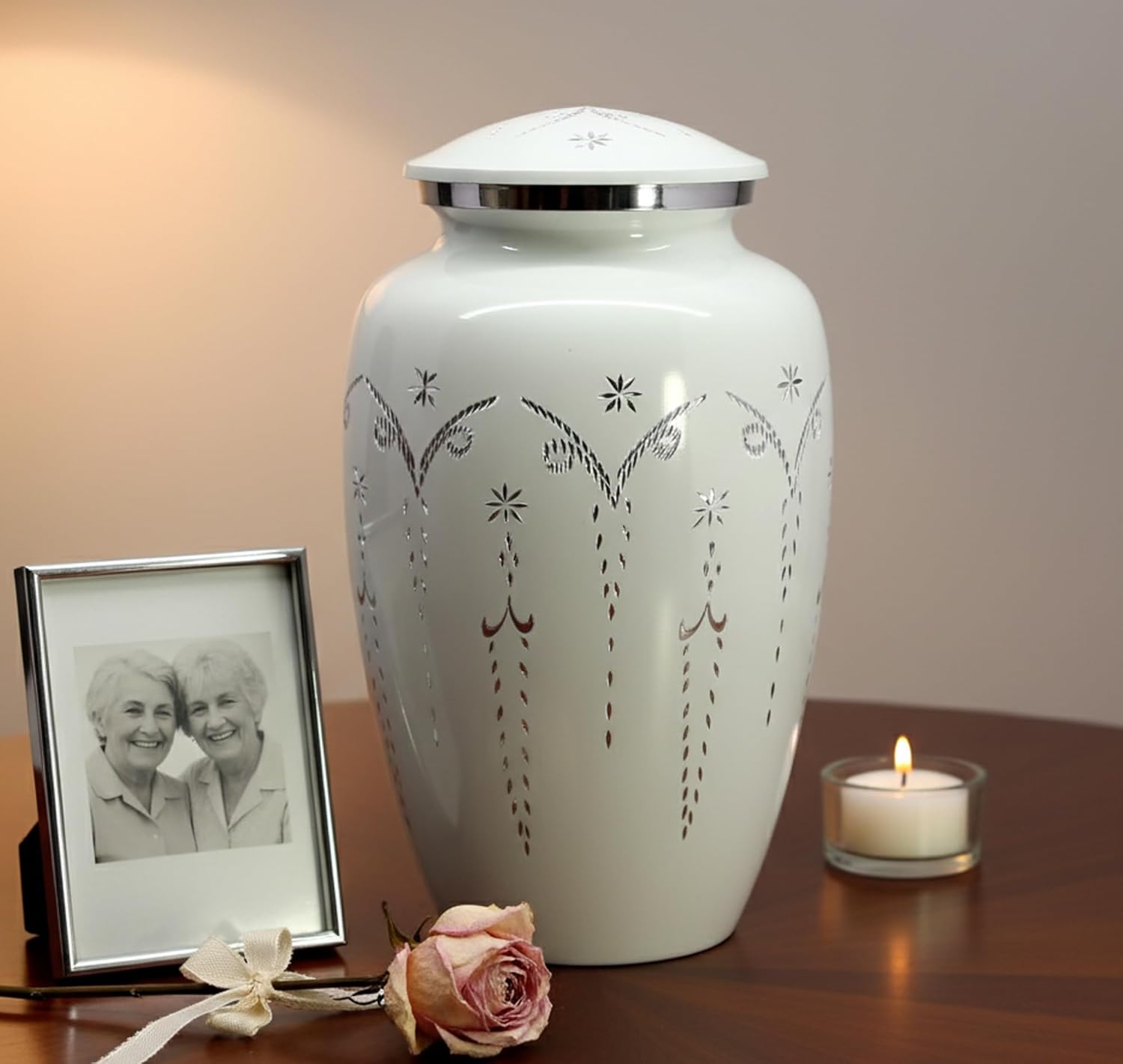ESPLANADE Cremation Urn Memorial Human Ashes Container Jar Pot | Burial Funeral Urns | White Engraved-10 Inches
