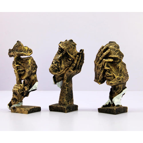 ESPLANADE Human Faces - Zen Sculpture Showpiece - Set of 3 | See No Evil, Hear No Evil, Speak No Evil | Face Expressions Statement Pieces | Home Decor | Resin - Brown - 6.5